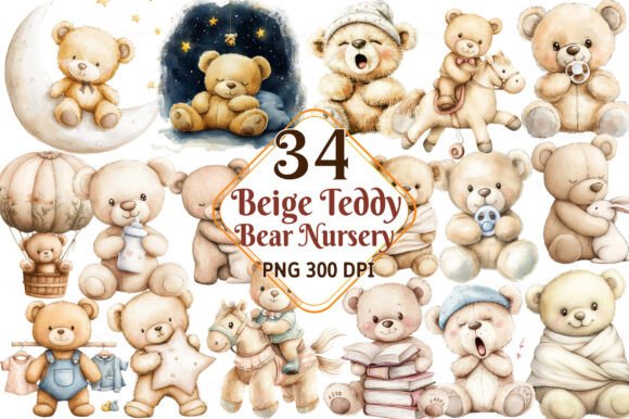 Download Watercolor Beige Teddy Bear Nursery Png - Nursery png Collection